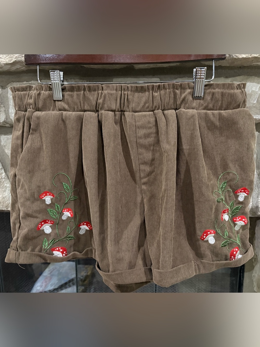 High-Waist Brown Corduroy Shorts with Red Mushroom Embroidery